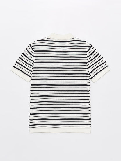 Polo Neck Short Sleeve Striped Men's Knitwear Sweater