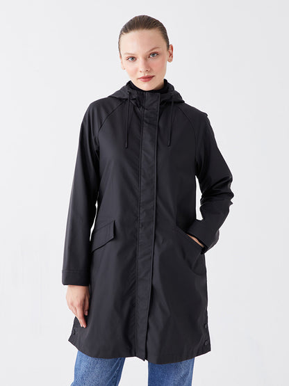 Hooded Plain Leather Look Women's Raincoat