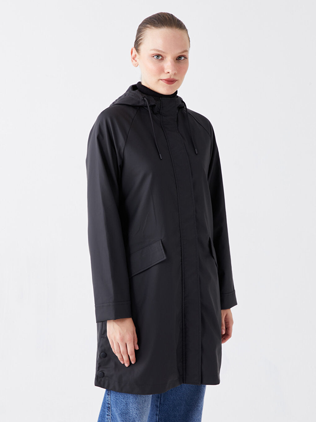 Hooded Plain Leather Look Women's Raincoat