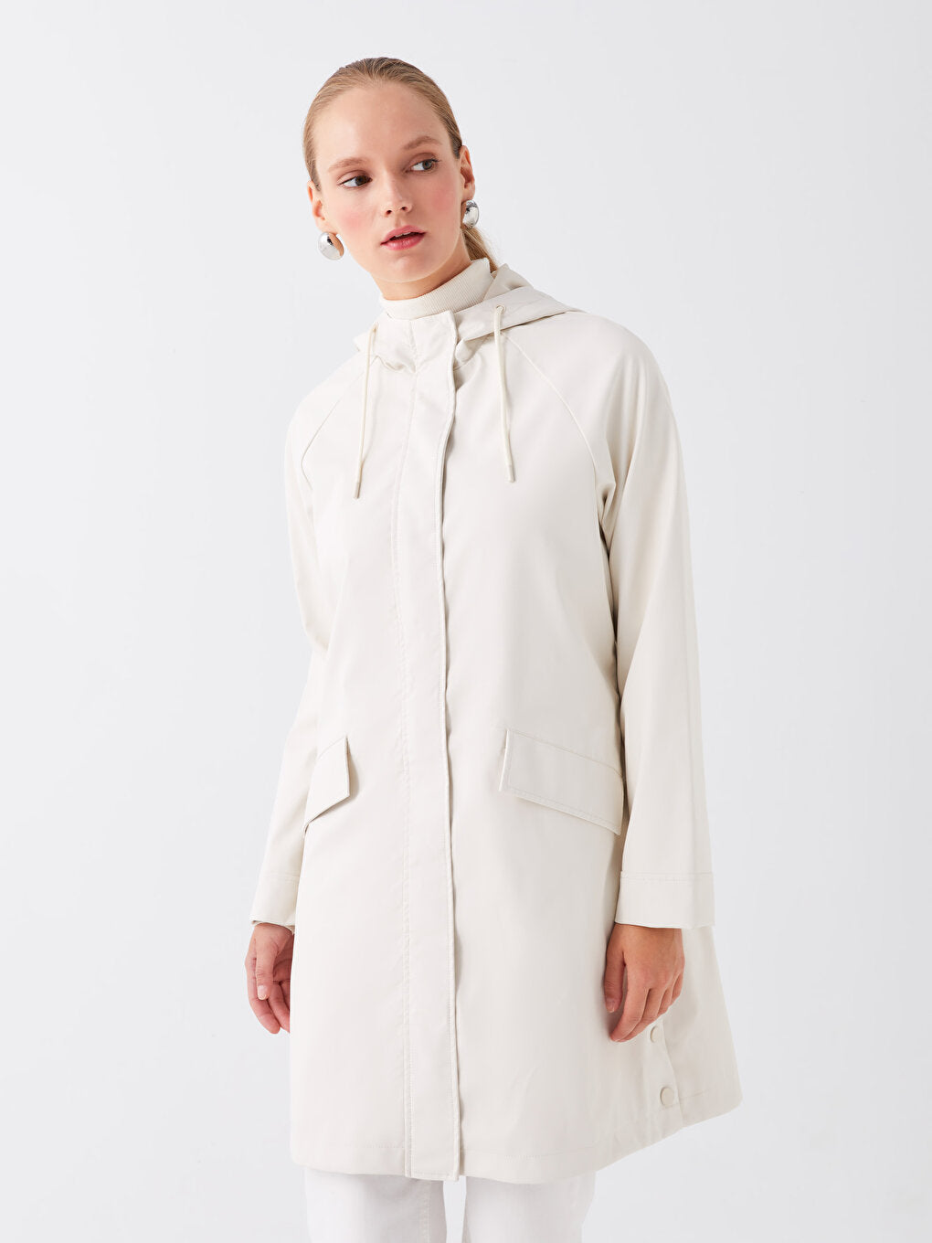 Hooded Plain Leather Look Women's Raincoat