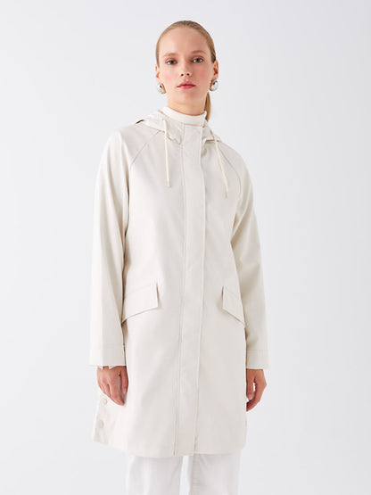 Hooded Plain Leather Look Women's Raincoat