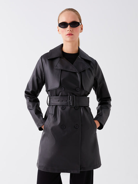 Jacket Collar Plain Leather Look Women's Trench Coat