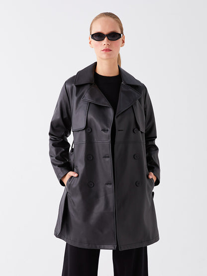 Jacket Collar Plain Leather Look Women's Trench Coat