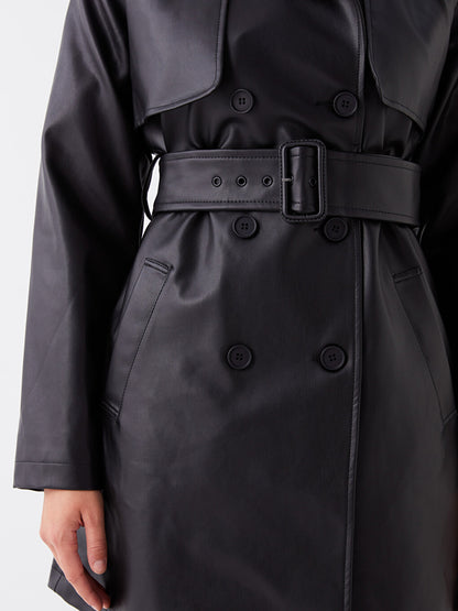 Jacket Collar Plain Leather Look Women's Trench Coat