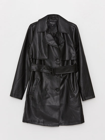 Jacket Collar Plain Leather Look Women's Trench Coat