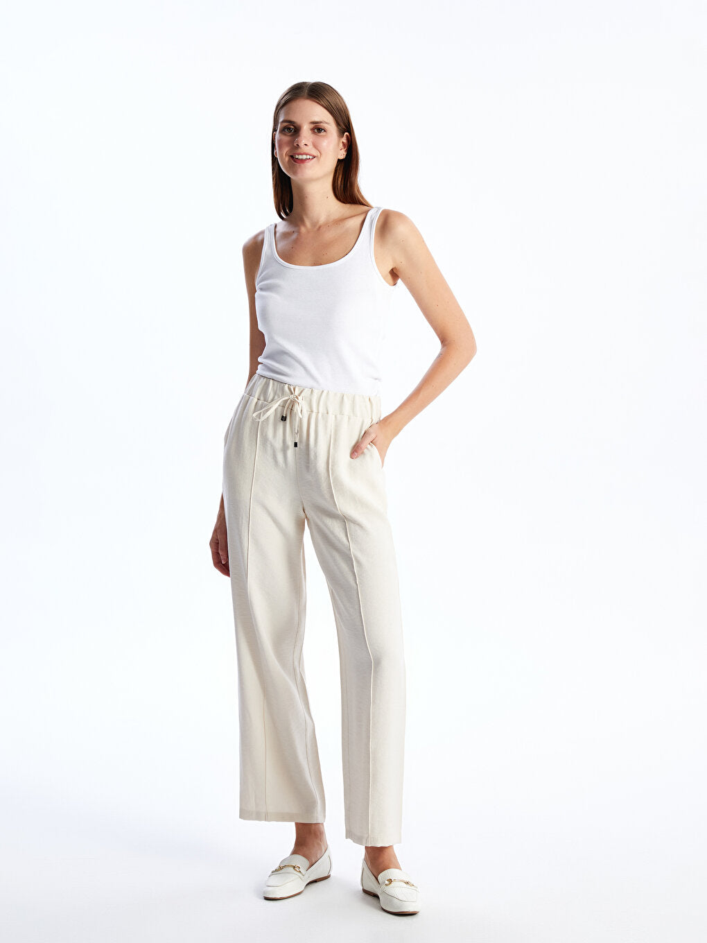 Straight Wide Leg Women's Trousers with Elastic Waist