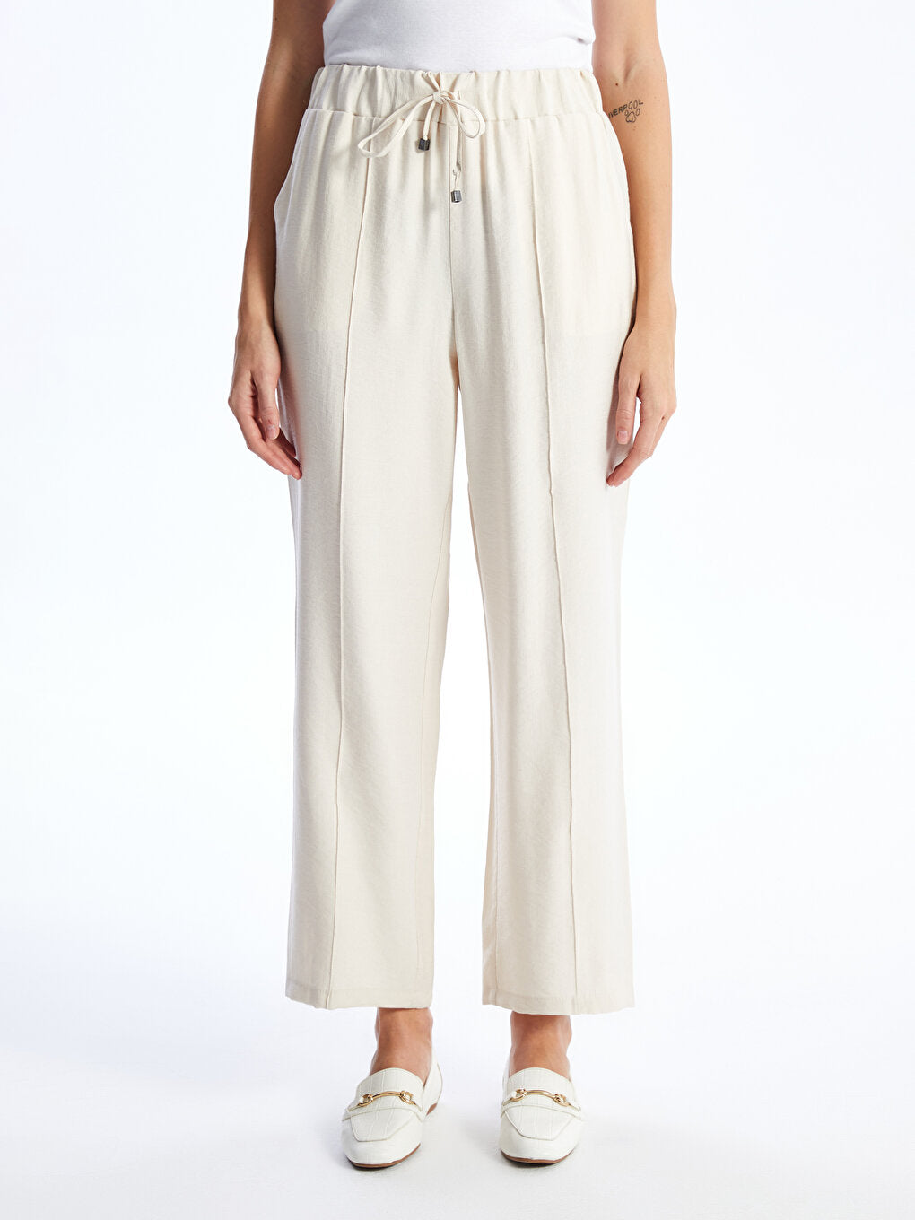 Straight Wide Leg Women's Trousers with Elastic Waist