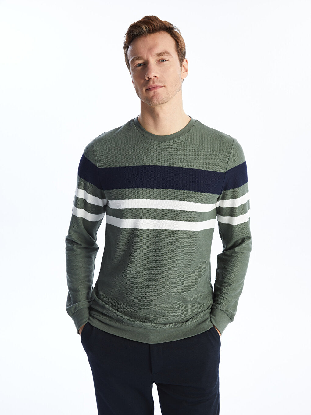 Crew Neck Long Sleeve Striped Men's Sweatshirt