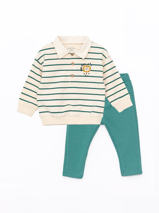 Shirt Collar Long Sleeve Printed Baby Boy Sweatshirt and Trousers 2-Piece Set