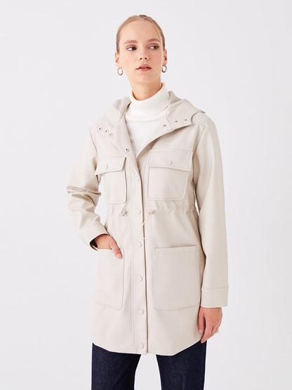 Women's Hooded Plain Leather Look Raincoat