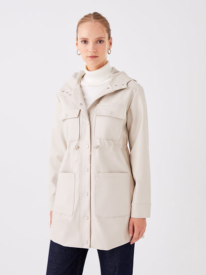 Women's Hooded Plain Leather Look Raincoat