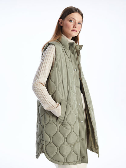 High Collar Self Patterned Women's Puffer Vest