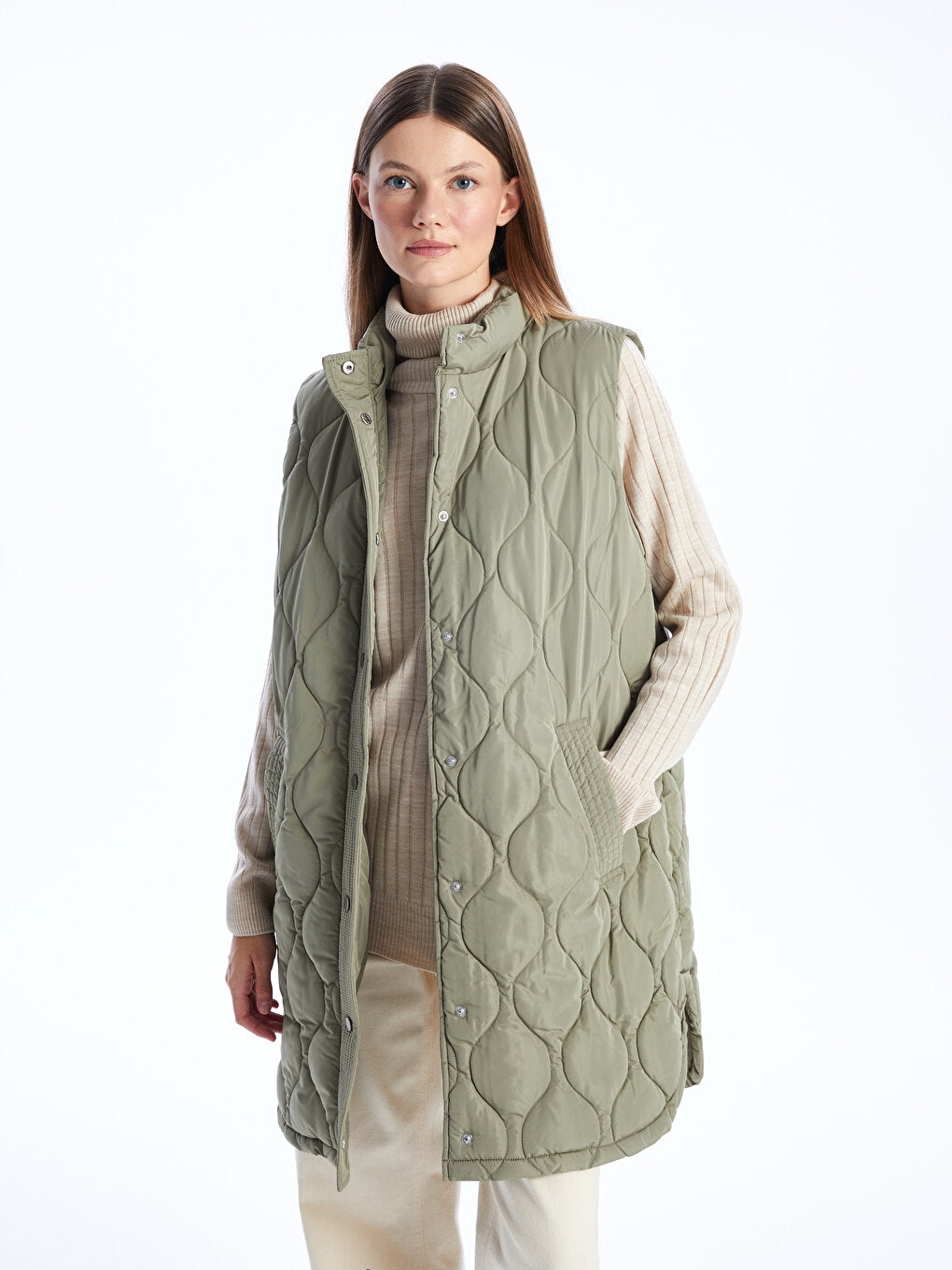 High Collar Self Patterned Women's Puffer Vest