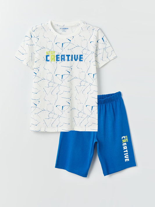 Crew Neck Printed Short Sleeve Boy's Pajama Set with Shorts