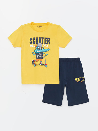 Crew Neck Printed Short Sleeve Boy's Pajama Set with Shorts