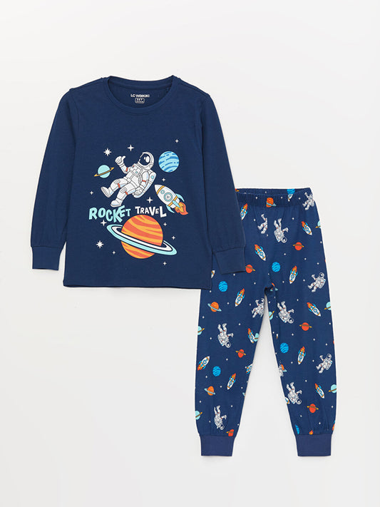 Crew Neck Printed Long Sleeve Boys' Pajama Set