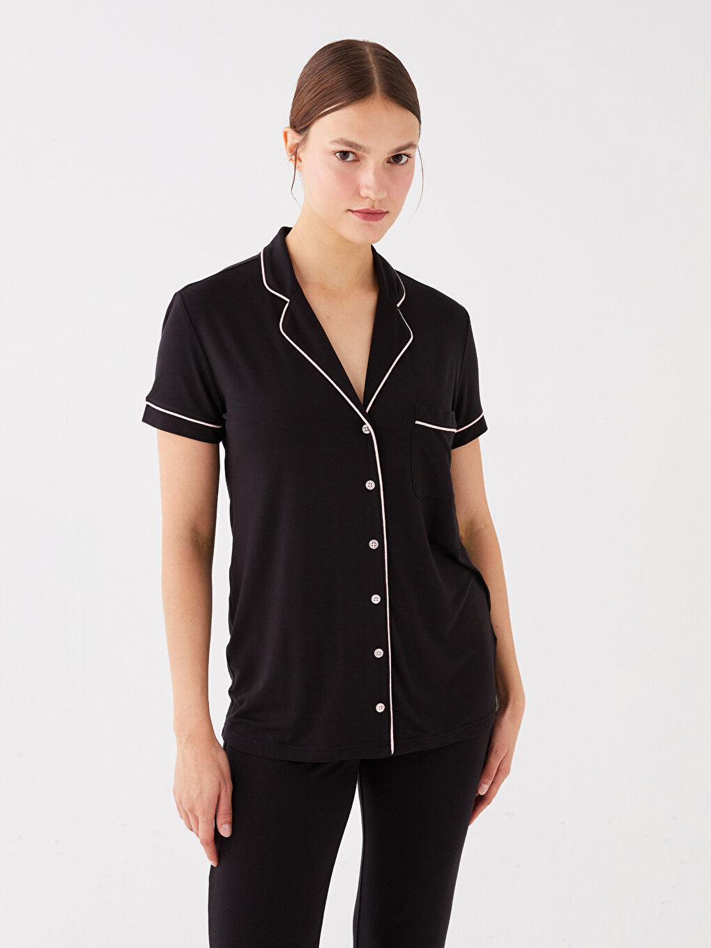 Shirt Collar Plain Short Sleeve Women's Pajama Set