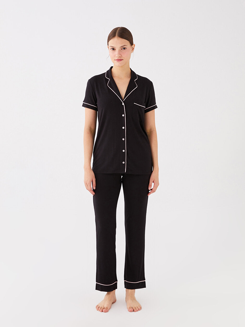 Shirt Collar Plain Short Sleeve Women's Pajama Set