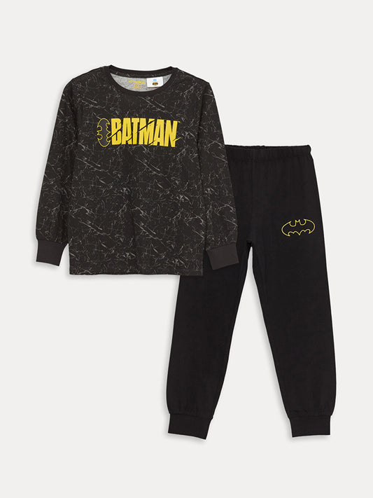 Crew Neck Batman Printed Long Sleeve Boys' Pajama Set