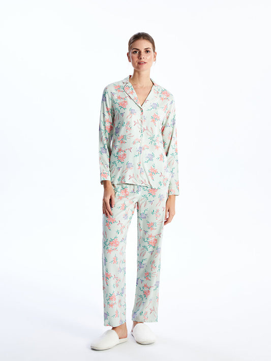 Shirt Collar Floral Long Sleeve Women's Pajama Set