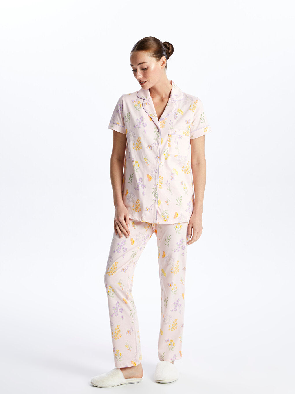 Shirt Collar Patterned Short Sleeve Women's Pajama Set