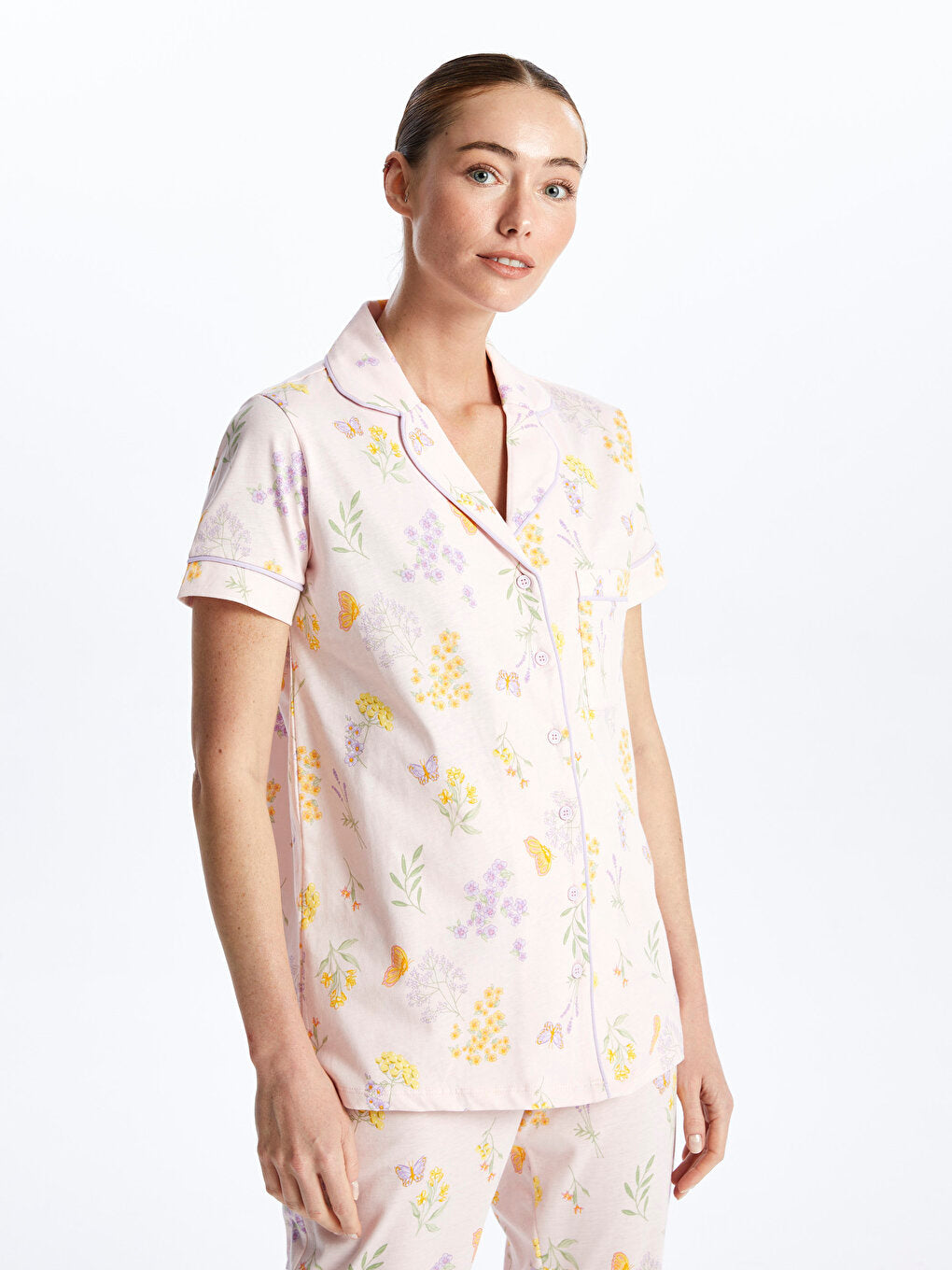 Shirt Collar Patterned Short Sleeve Women's Pajama Set