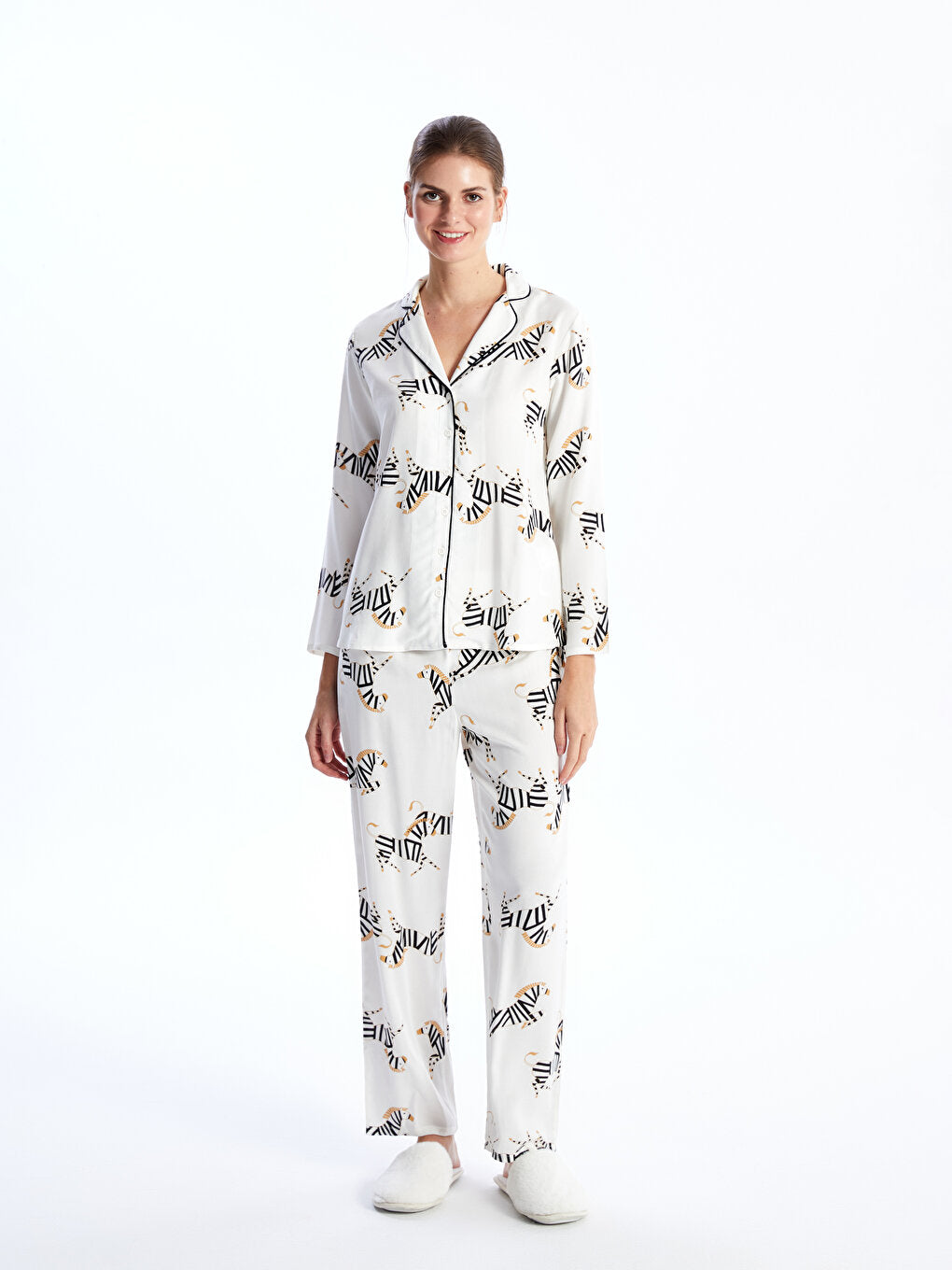 Shirt Collar Patterned Long Sleeve Women's Pajama Set