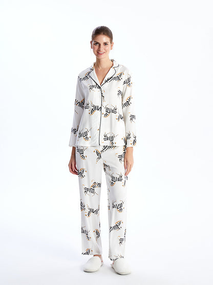 Shirt Collar Patterned Long Sleeve Women's Pajama Set