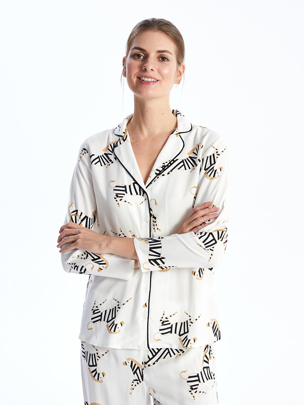 Shirt Collar Patterned Long Sleeve Women's Pajama Set