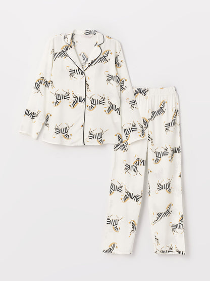 Shirt Collar Patterned Long Sleeve Women's Pajama Set