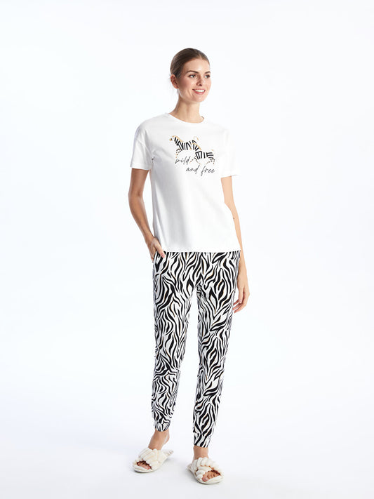 Crew Neck Printed Short Sleeve Women's Pajama Set