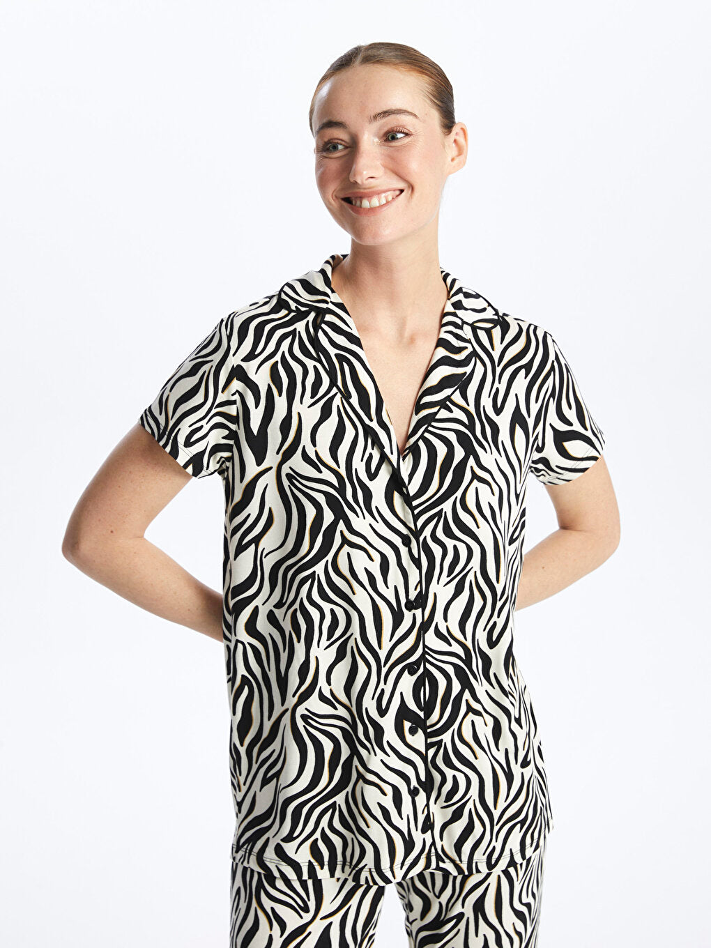 Shirt Collar Patterned Short Sleeve Women's Pajama Set