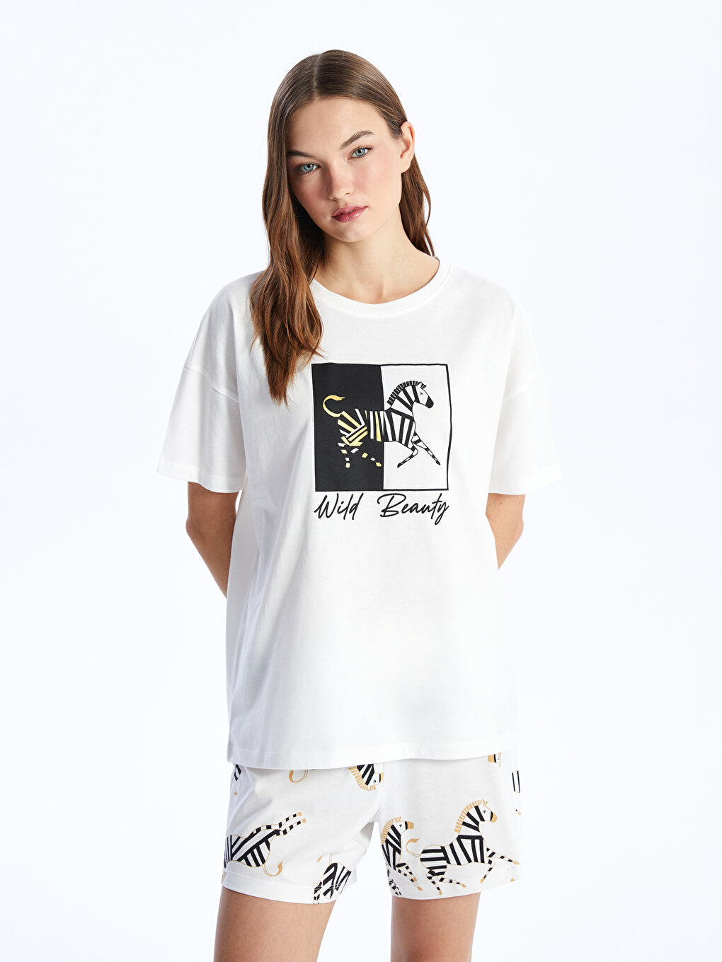 Crew Neck Printed Short Sleeve Women's Pajama Set with Shorts