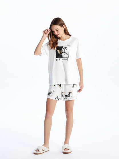 Crew Neck Printed Short Sleeve Women's Pajama Set with Shorts