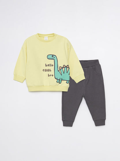 Crew Neck Printed Baby Boy Sweatshirt and Tracksuit Bottom, Pack of 2