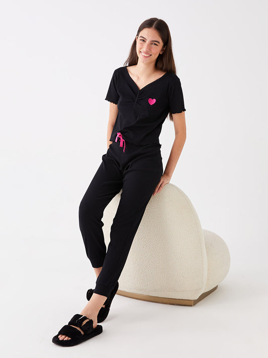 V-Neck Embroidered Short Sleeve Women's Pajama Set