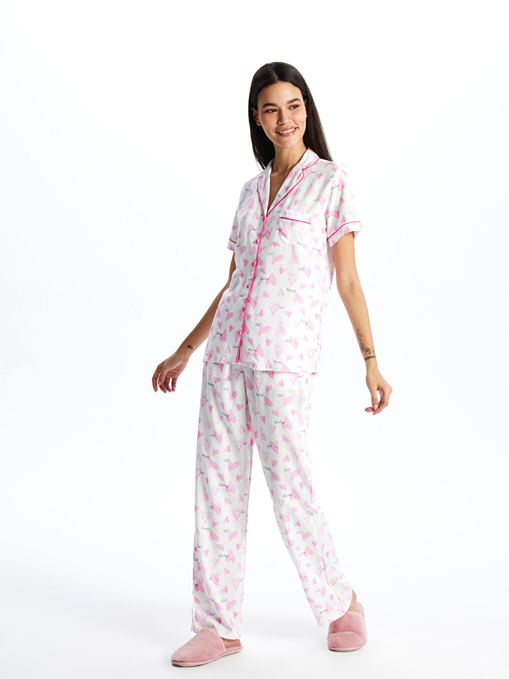 Shirt Collar Patterned Short Sleeve Women's Pajama Set