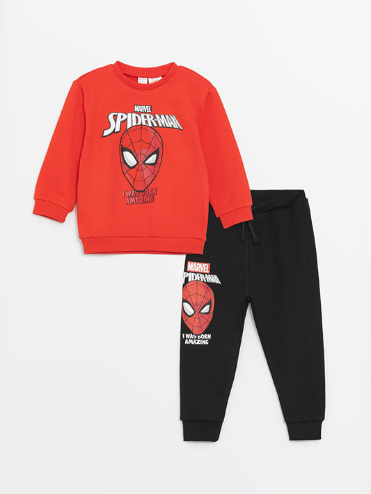 Crew Neck Spiderman Printed Baby Boy Sweatshirt and Tracksuit Bottom 2-Piece Set