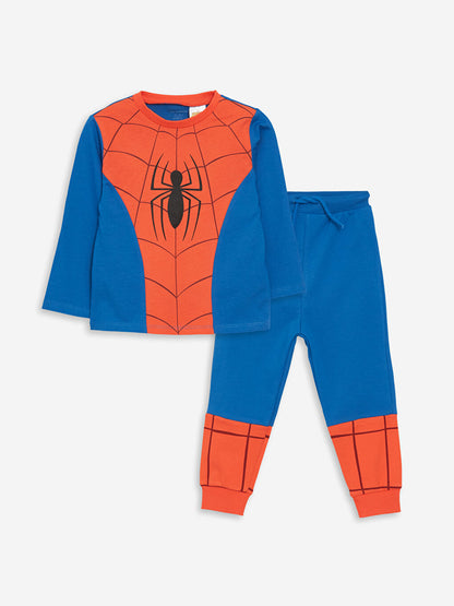 Crew Neck Spiderman Printed Baby Boy T-Shirt and Tracksuit Bottom 2-Piece Set