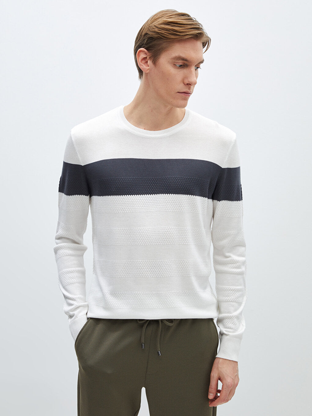 Crew Neck Long Sleeve Striped Men's Knitwear Sweater