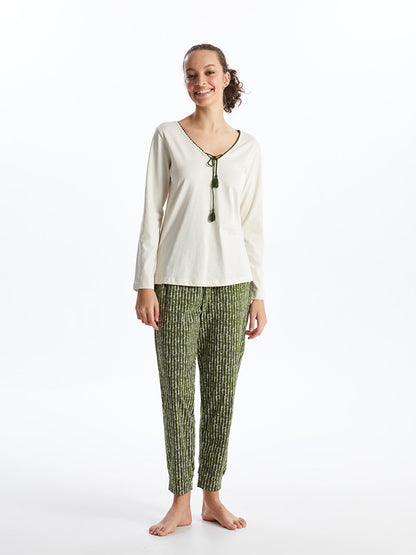 V-Neck Patterned Long Sleeve Women's Pajama Set