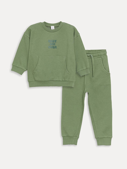 Crew Neck Long Sleeve Printed Baby Boy Sweatshirt and Tracksuit Bottom 2-Piece Set