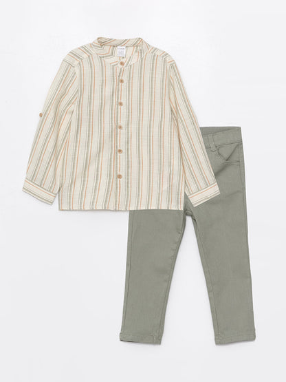 Collar Long Sleeve Striped Baby Boy Shirt and Trousers 2-pack