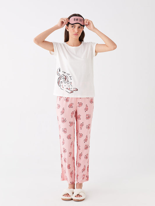 Crew Neck Printed Short Sleeve Women's Pajama Set