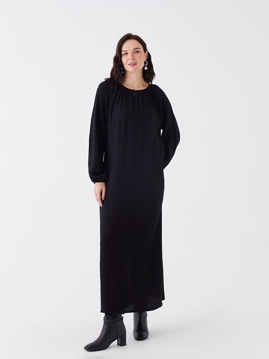 Crew Neck Straight Long Sleeve Linen Look Women's Dress