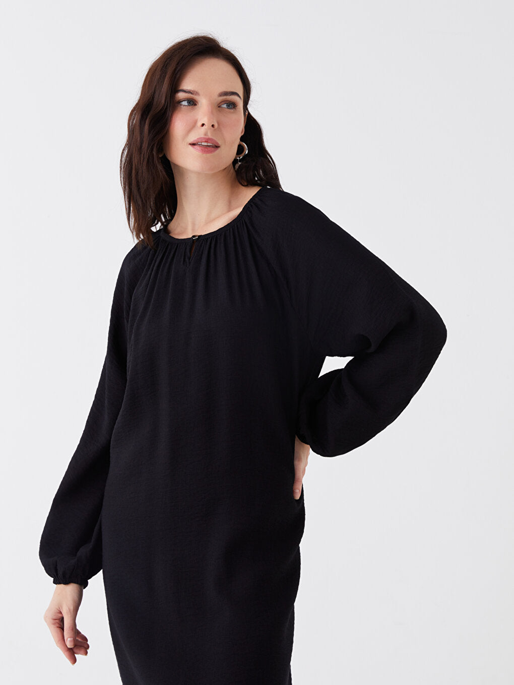 Crew Neck Straight Long Sleeve Linen Look Women's Dress