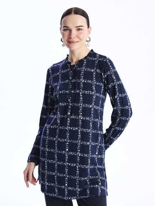 Tie Collar Patterned Long Sleeve Women's Tunic