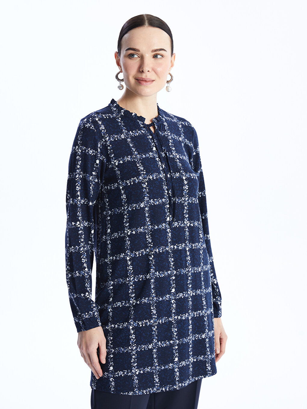 Tie Collar Patterned Long Sleeve Women's Tunic