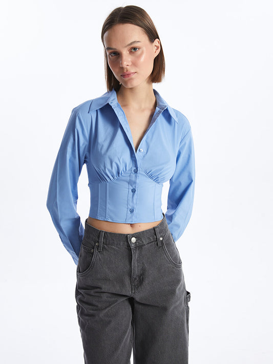 Plain Long Sleeve Crop Poplin Women's Shirt