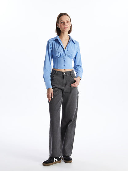 Plain Long Sleeve Crop Poplin Women's Shirt